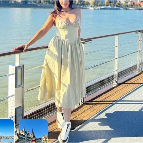 Ronny Kobo Beige Corset Midi Dress MEDIUM Cotton Cottage Sundress Designer $400 - Picture 8 of 15